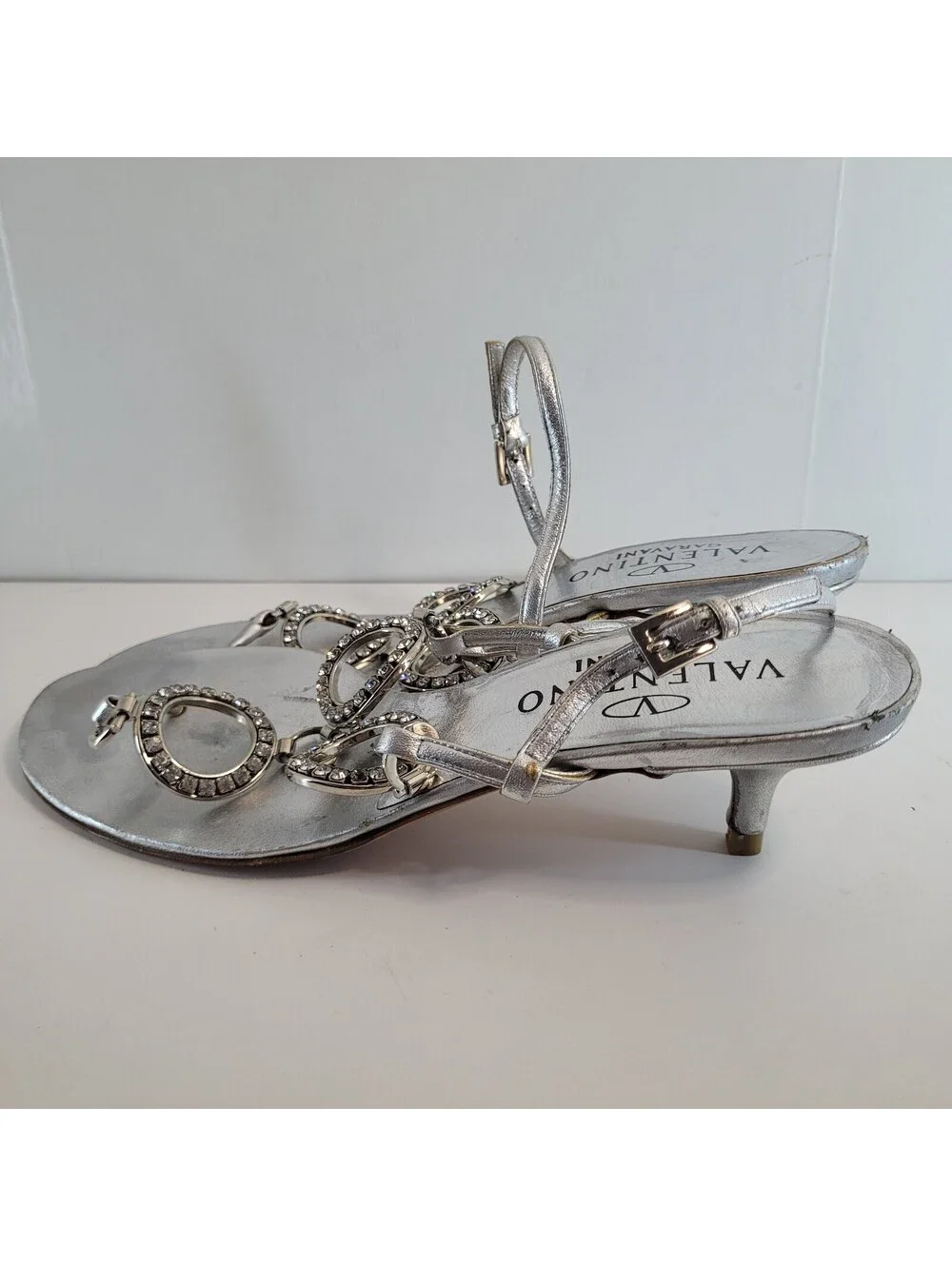 Valentino Garavani Women’s US 7.5 EU 37.5 Silver Crystal Chain Heel Sandals